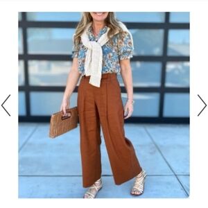 CABI #6478 Cruise Cropped Sienna Brown Pleated Trousers Linen Pants Women XSmall